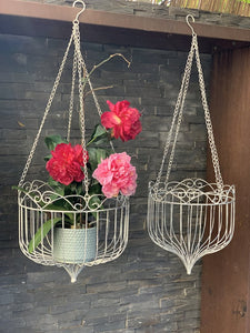 Hanging Planter Basket Metal Cream Indoor Outdoor Set 2