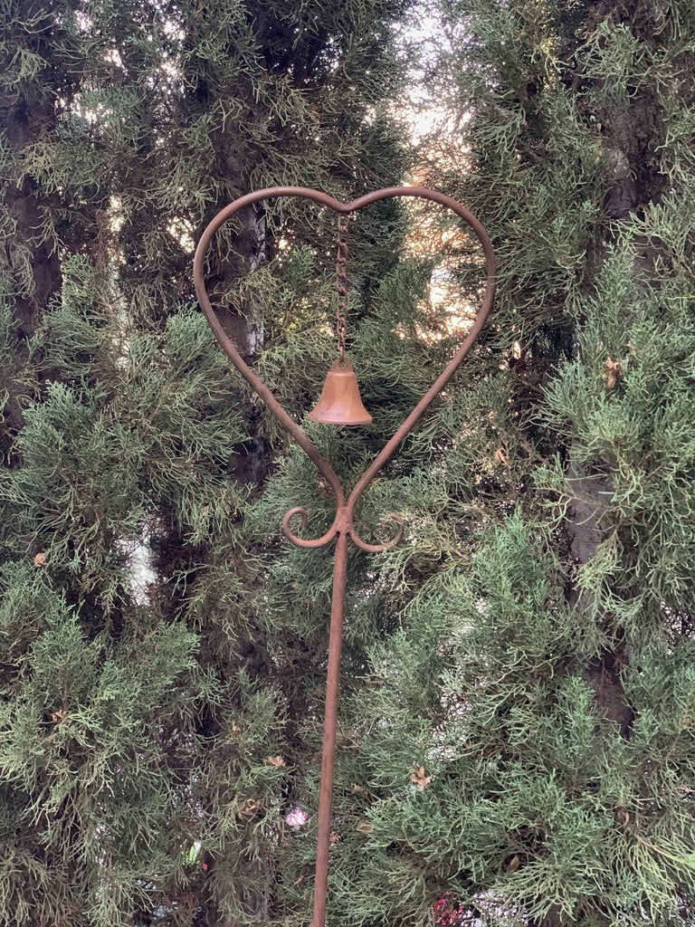 Garden Stake Rust Metal Heart Bell Decor